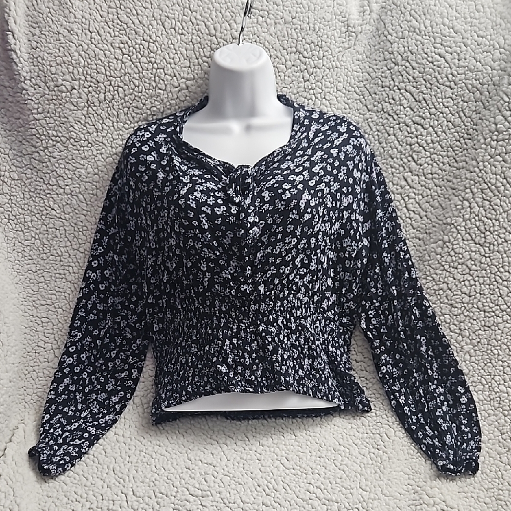 Maurices Navy Blue Smocked Puff Sleeve Blouse with Sweetheart Neckline